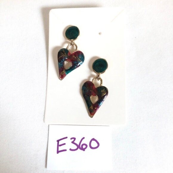 Heart Swirl Painted Enamel Retro Style Pierced Dangle Earrings - Picture 4 of 5